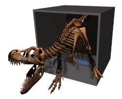 3D Tyrannosaurus rex stepping out of a Mirror Cube augmented reality exhibit